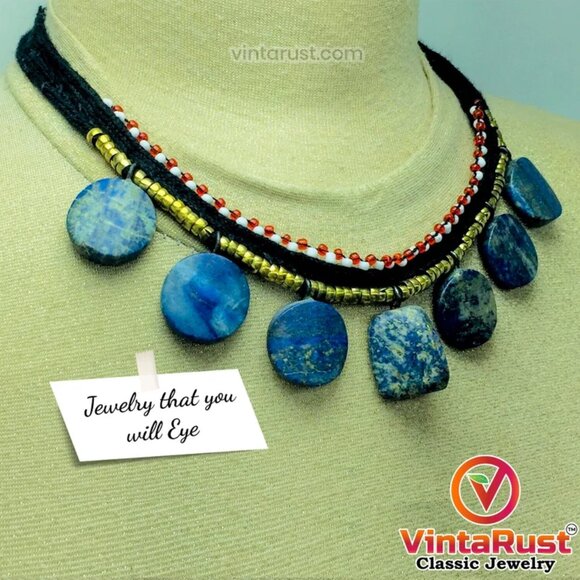 Tribal Choker Necklace With Dangling Lapis Lazuli Stones, Vintage Lapis Stone - Picture 5 of 10